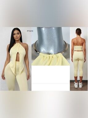 Sleeveless One-Shoulder Halter Crop Dress in Light Yellow